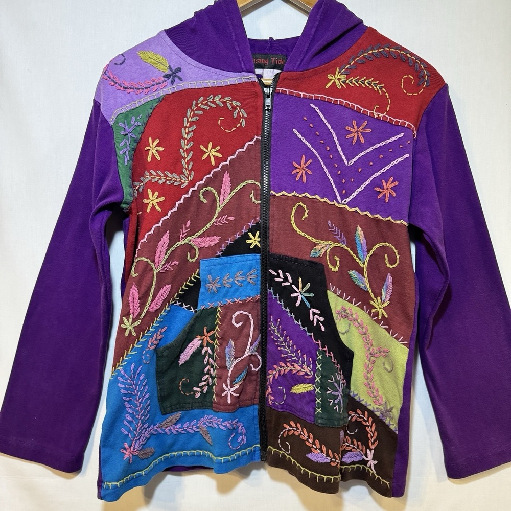 Rising Tide Nepal Womens XL Boho Hoodie Jacket Purple Whimsy Goth Patchwork